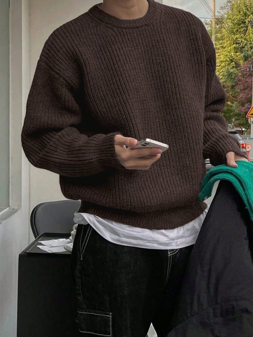Brown Casual Men's Loose Drop Shoulder Round Neck Pullover Sweater
